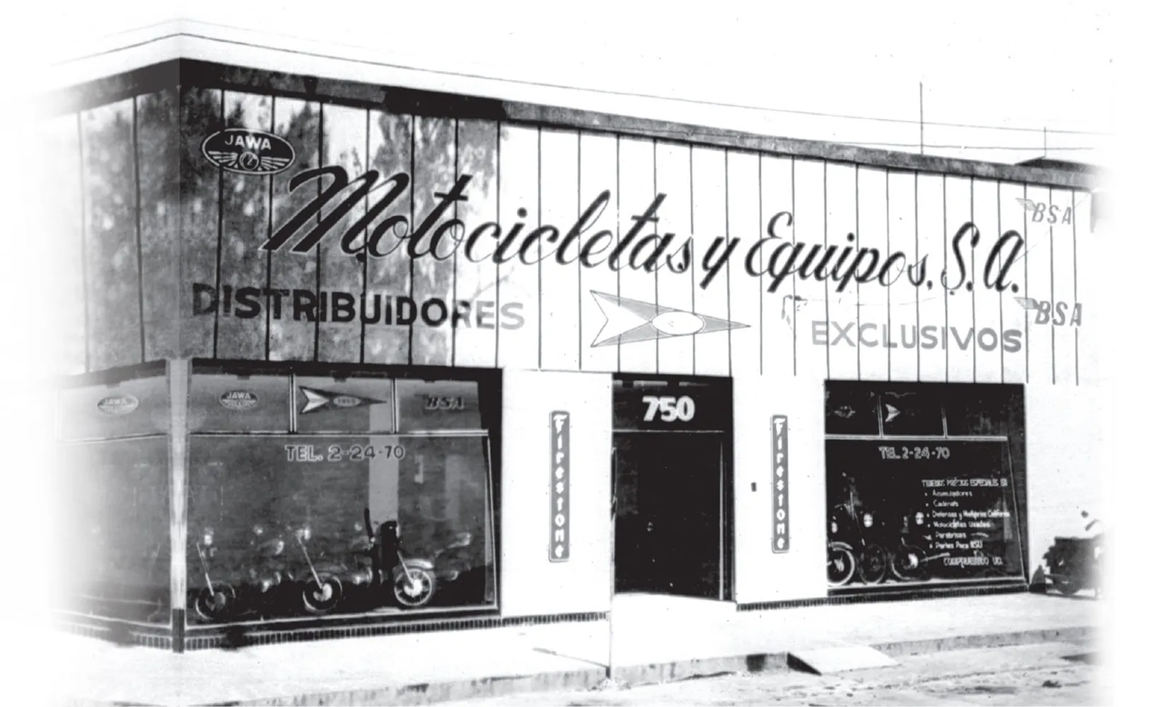 Fachada histórica de Motocicletas y Equipos, S.A., distribuidores exclusivos